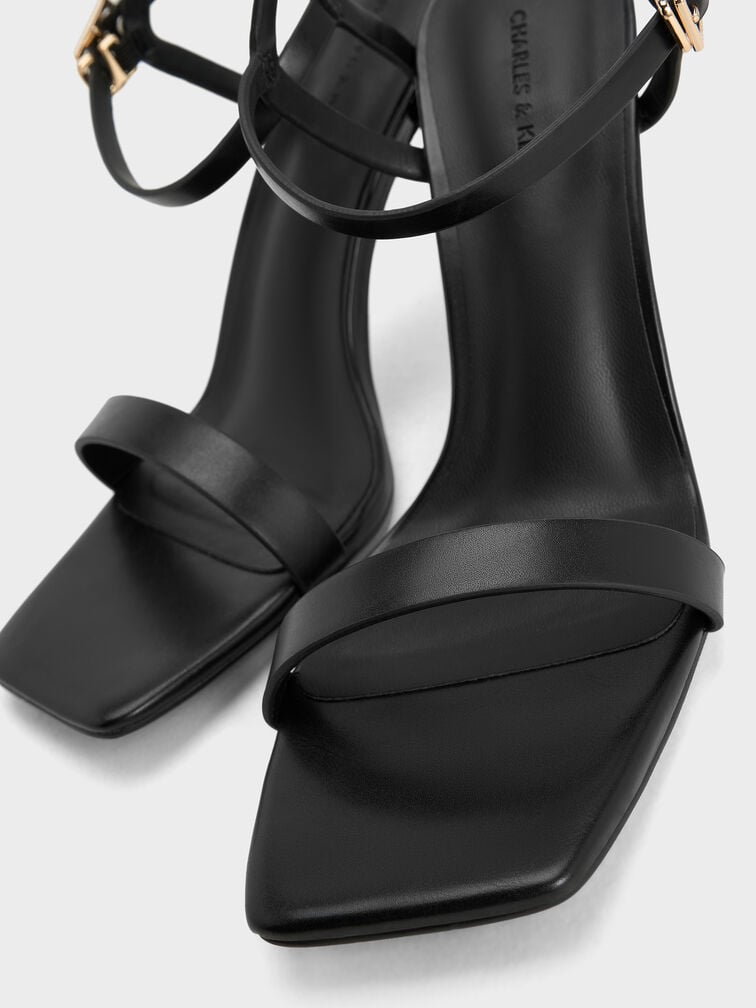 Square-Toe Ankle-Strap Heeled Sandals, Black, hi-res