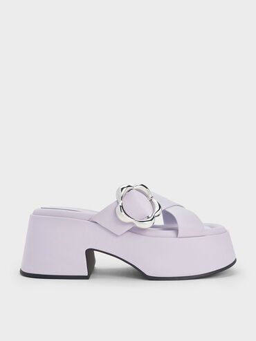 Flower-Buckle Crossover Platform Mules, Lilac, hi-res