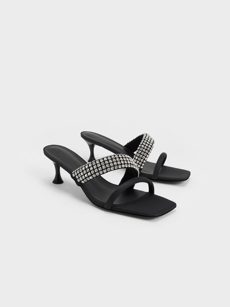 Gem Embellished Strappy Mules, Black, hi-res