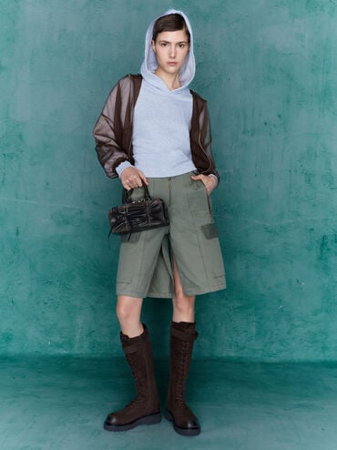 Kadee Ruched Bow-Charm Bowling Bag, Burnished Brown, hi-res