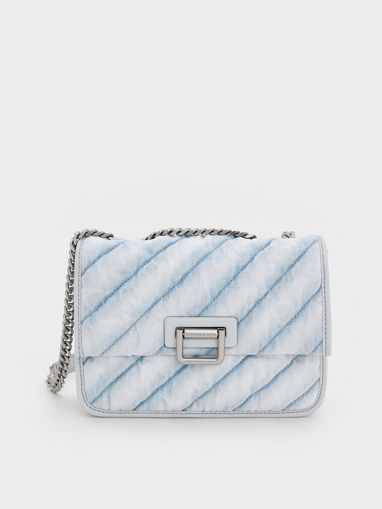 Neva Denim Panelled Chain-Strap Crossbody Bag, Light Washed Denim, hi-res