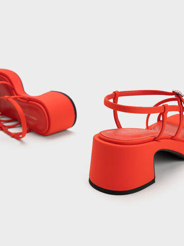 Selene Flower-Buckle Strappy Sandals, Red, hi-res
