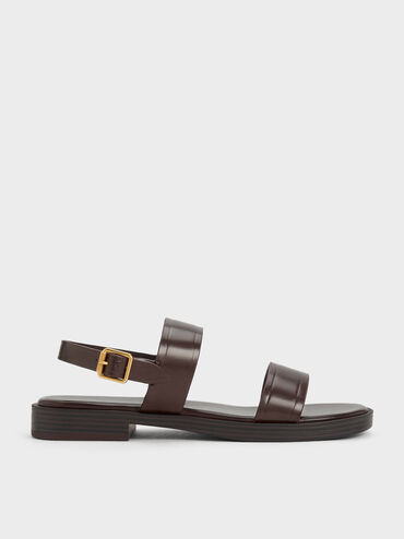 Buckled Double Strap Sandals, Dark Brown, hi-res