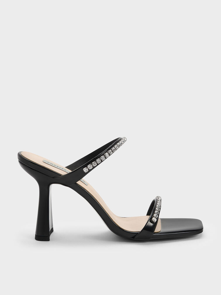 Patent Gem-Encrusted Heeled Sandals, Black Patent, hi-res