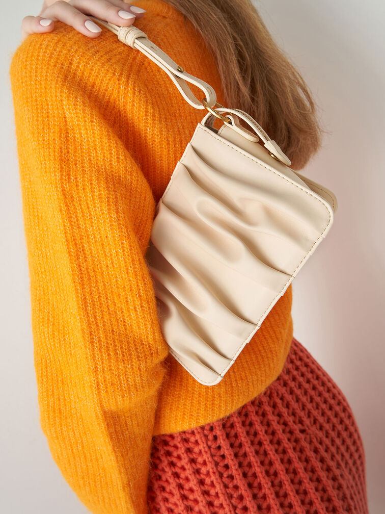 Ruched Bead-Handle Shoulder Bag, Beige, hi-res