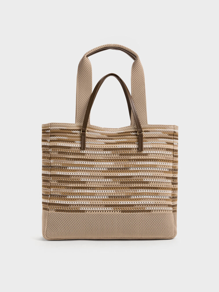 XL Ida Multi-Stripe Knitted Tote Bag, Multi Brown, hi-res