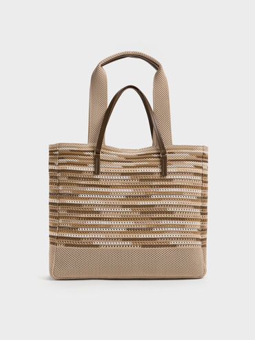 XL Ida Multi-Stripe Knitted Tote Bag, Multi Brown, hi-res