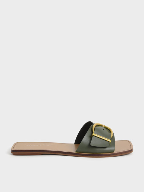 Square Toe Buckled Slides, Olive, hi-res