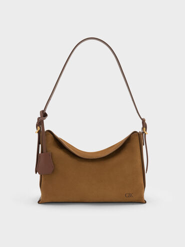 Leather & Suede Top-Flap Hobo Bag, Brown, hi-res