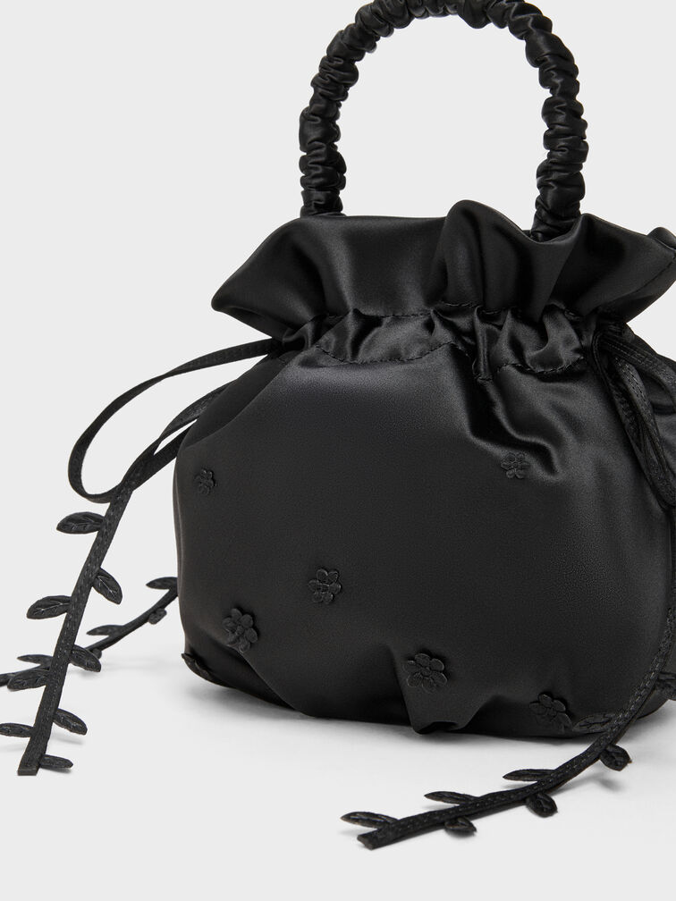 Mabel Satin Floral-Vine Bucket Bag, Noir, hi-res