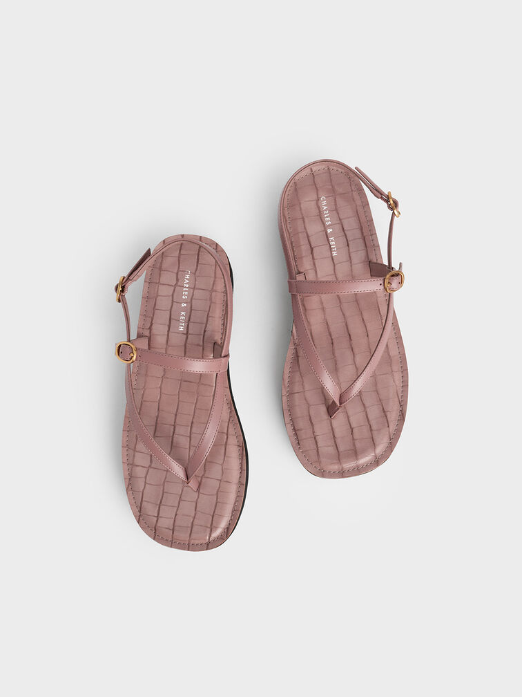 Croc-Effect Strappy Flatform Thong Sandals, Pink, hi-res