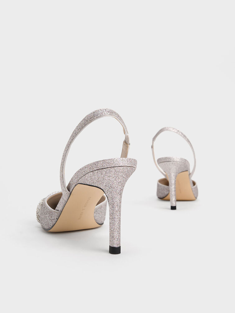 Twist Detail Glittered Slingback Pumps, Silver, hi-res