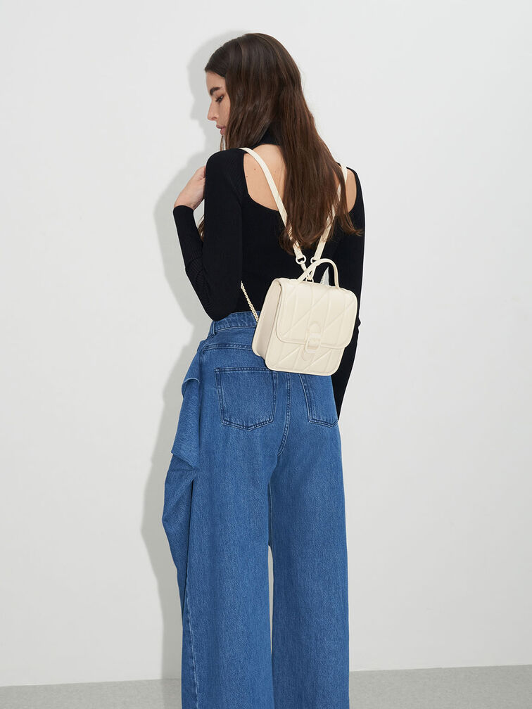 Lin Quilted Belted Backpack, Cream, hi-res