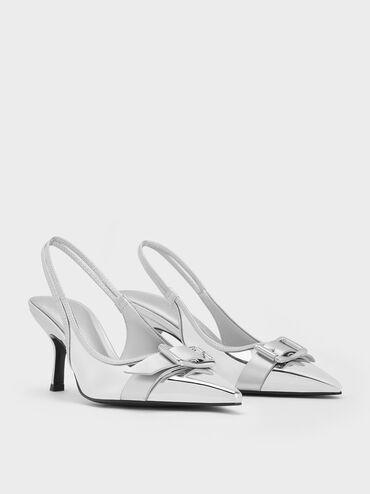 Anita Metallic Buckled Pointed-Toe Slingback Pumps, Silver, hi-res