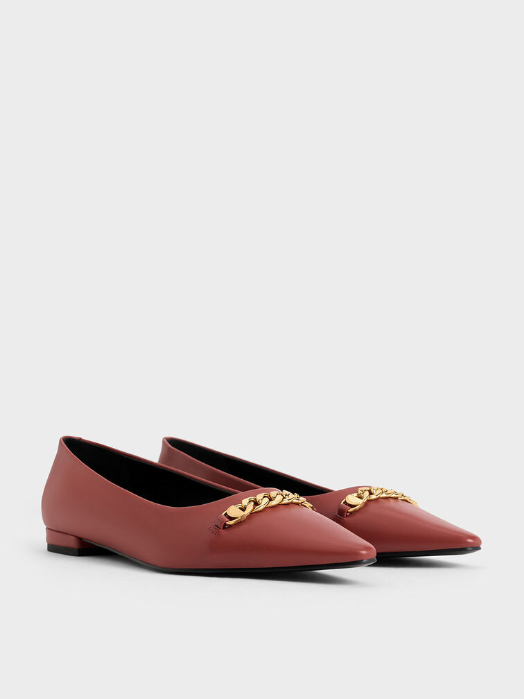 Chain-Link Pointed-Toe Ballet Flats, Red, hi-res