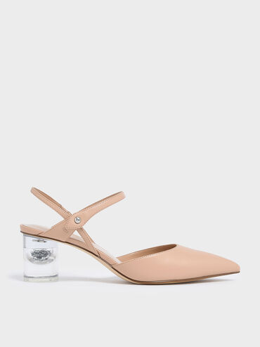 Pointed Toe Lucite Heel Cylindrical Pumps, Nude, hi-res