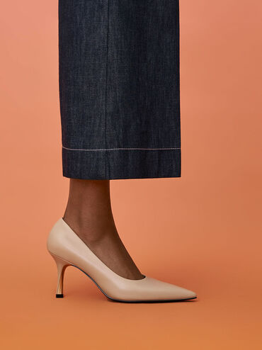 Sculptural Heel Pointed-Toe Pumps, Beige, hi-res