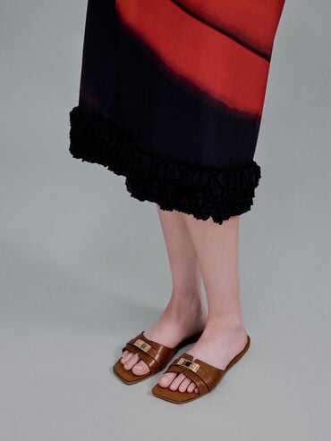 Lando Metallic-Accent Belted Slide Sandals, Cognac, hi-res