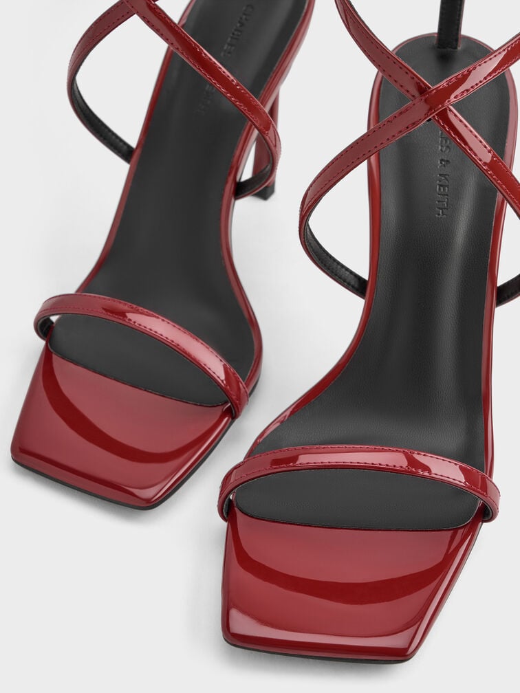 Patent Strappy Ankle-Strap Heeled Sandals, Red, hi-res