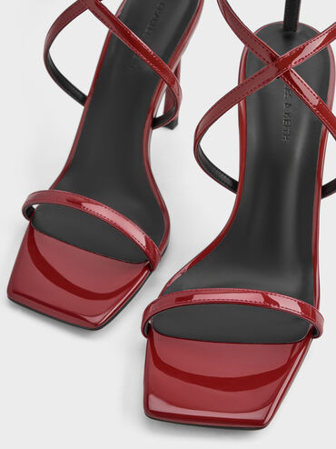 Patent Strappy Ankle-Strap Heeled Sandals, Red, hi-res
