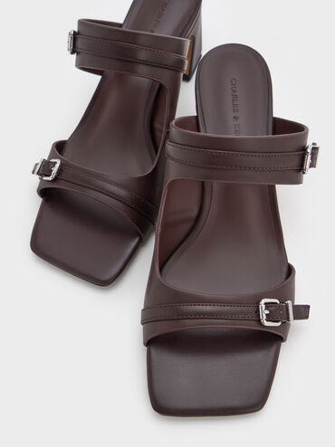 Buckled Double-Strap Heeled Mules, Burgundy, hi-res