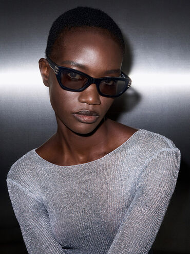 Recycled Acetate Metallic-Accent Angular Cat-Eye Sunglasses, Noir, hi-res