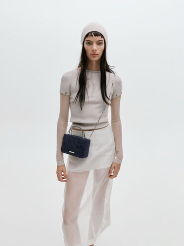 Jennis Lace & Satin Top Handle Bag, Dark Blue Textured, hi-res