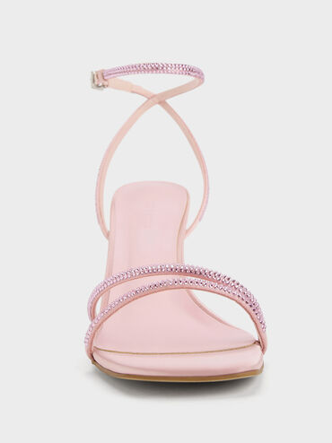 Satin Crystal-Embellished Stiletto-Heel Sandals, Light Pink, hi-res