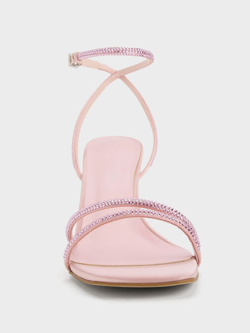 Satin Crystal-Embellished Stiletto-Heel Sandals, Light Pink, hi-res