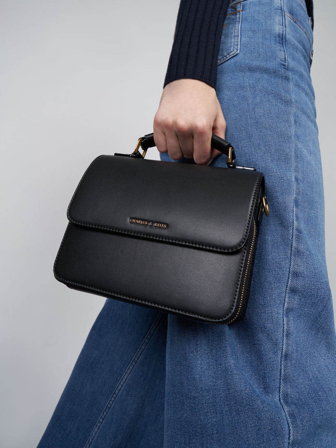 Front Flap Top Handle Crossbody Bag Black