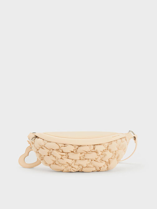 Ruched Nylon Bum Bag, Beige, hi-res