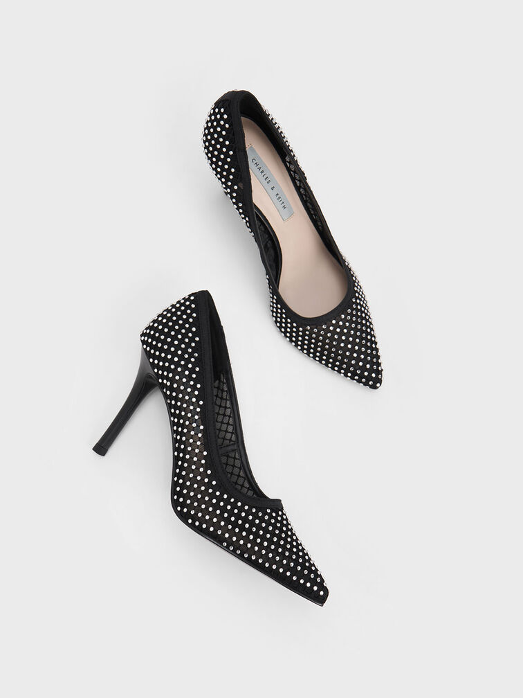 Gem-Encrusted Mesh Heeled Pumps, Black Textured, hi-res
