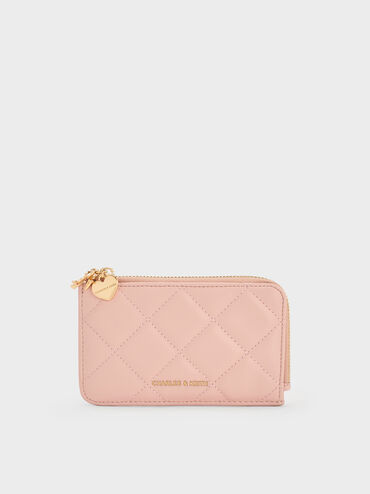Arrietty Quilted Bow-Heart Charm Zip-Around Wallet, Light Pink, hi-res