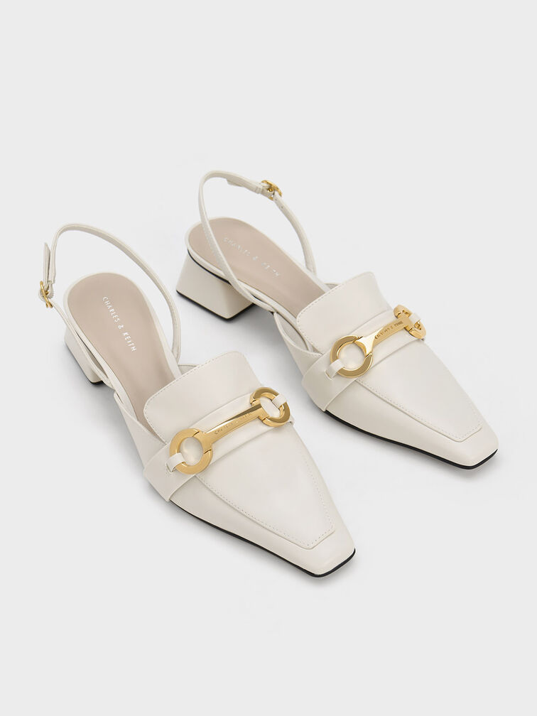 Metallic Bar Slingback Pumps, White, hi-res