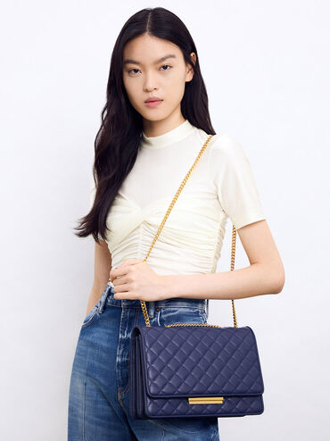 Push-Lock Quilted Crossbody Bag, Navy, hi-res