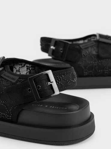 Beaded Mesh Flatform Sandals, Black, hi-res