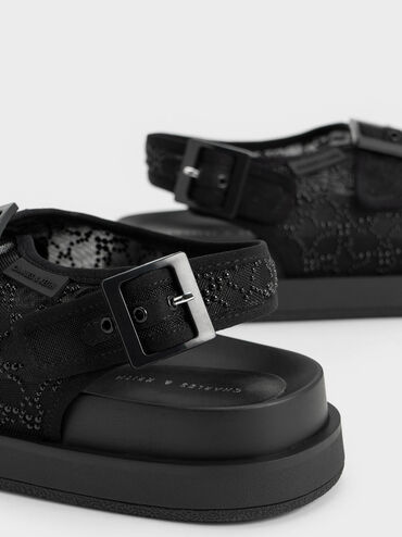 Beaded Mesh Flatform Sandals, Black, hi-res