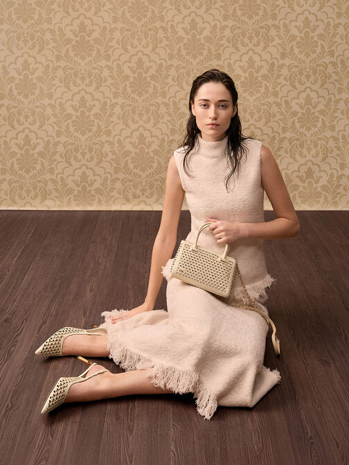 Suede & Leather Studded Cut-Out Tote Bag, Cream, hi-res