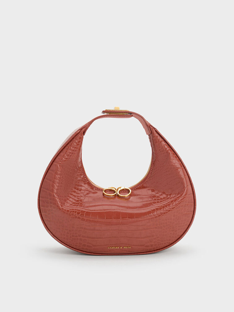 Croc-Embossed Crescent Hobo Bag, Brown, hi-res