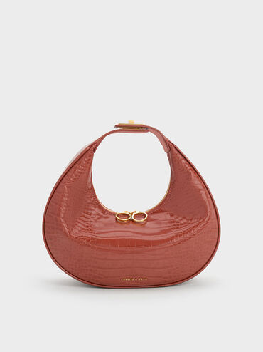 Croc-Embossed Crescent Hobo Bag, Brown, hi-res