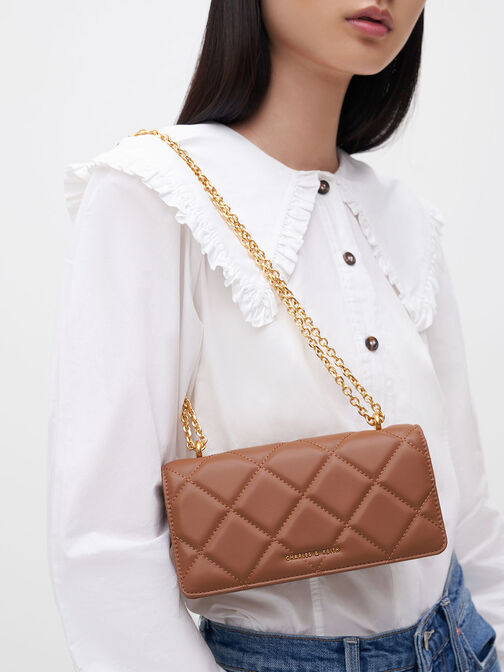 Paffuto Chain Handle Quilted Long Wallet, Chocolate, hi-res