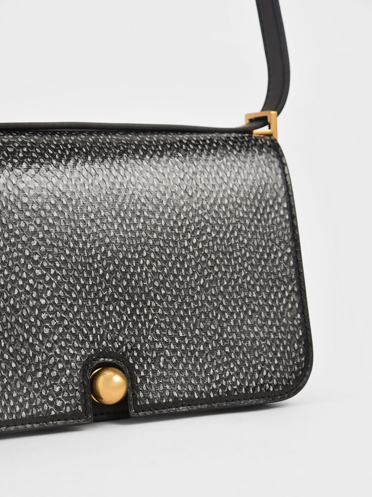Metallic Push-Lock Snake Print Shoulder Bag, Black Textured, hi-res