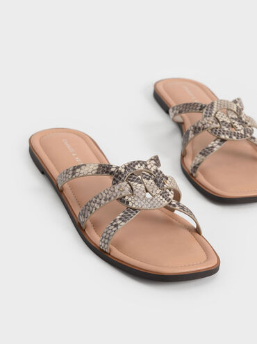 Ring Detail Snake Print Strappy Flats, Animal Print Natural, hi-res