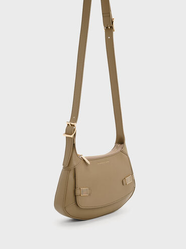 Metallic-Accent Curved Shoulder Bag, Taupe, hi-res