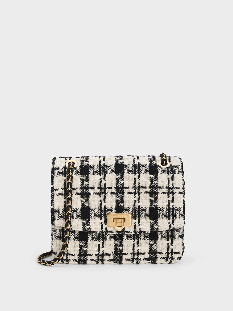 Pre-owned Chanel Tweed Houndstooth Chain Shoulder Bag In Black