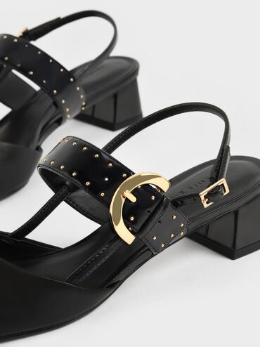 Studded Buckled Slingback Pumps, Black, hi-res