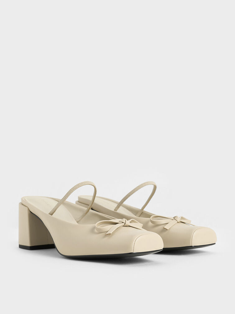 Bow Square-Toe Block-Heel Ballet Mules, Beige, hi-res