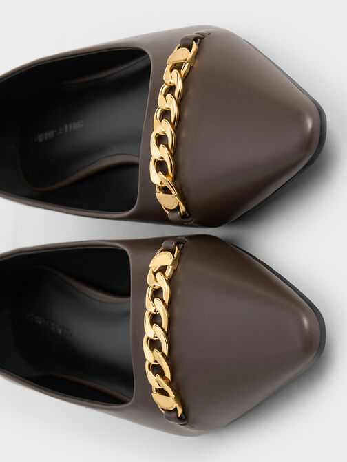 Chain-Link Pointed-Toe Ballet Flats, Brown, hi-res