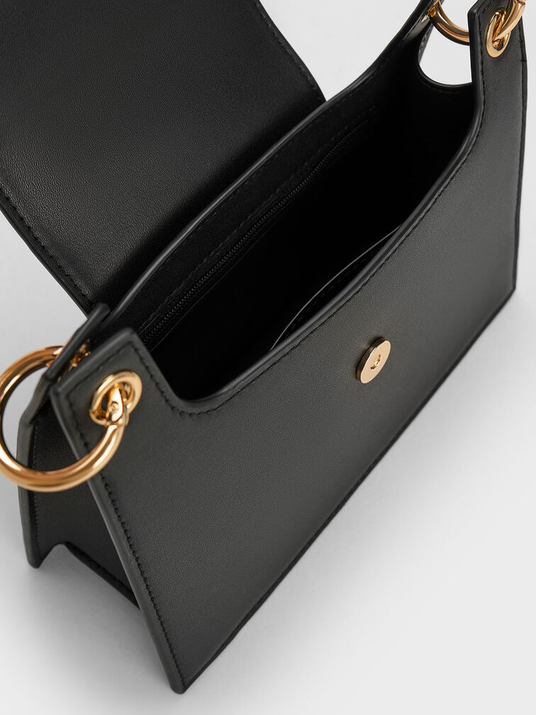 Belted Front Flap Shoulder Bag, Black, hi-res