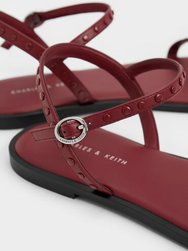 Studded Open-Toe Sandals, Burgundy, hi-res